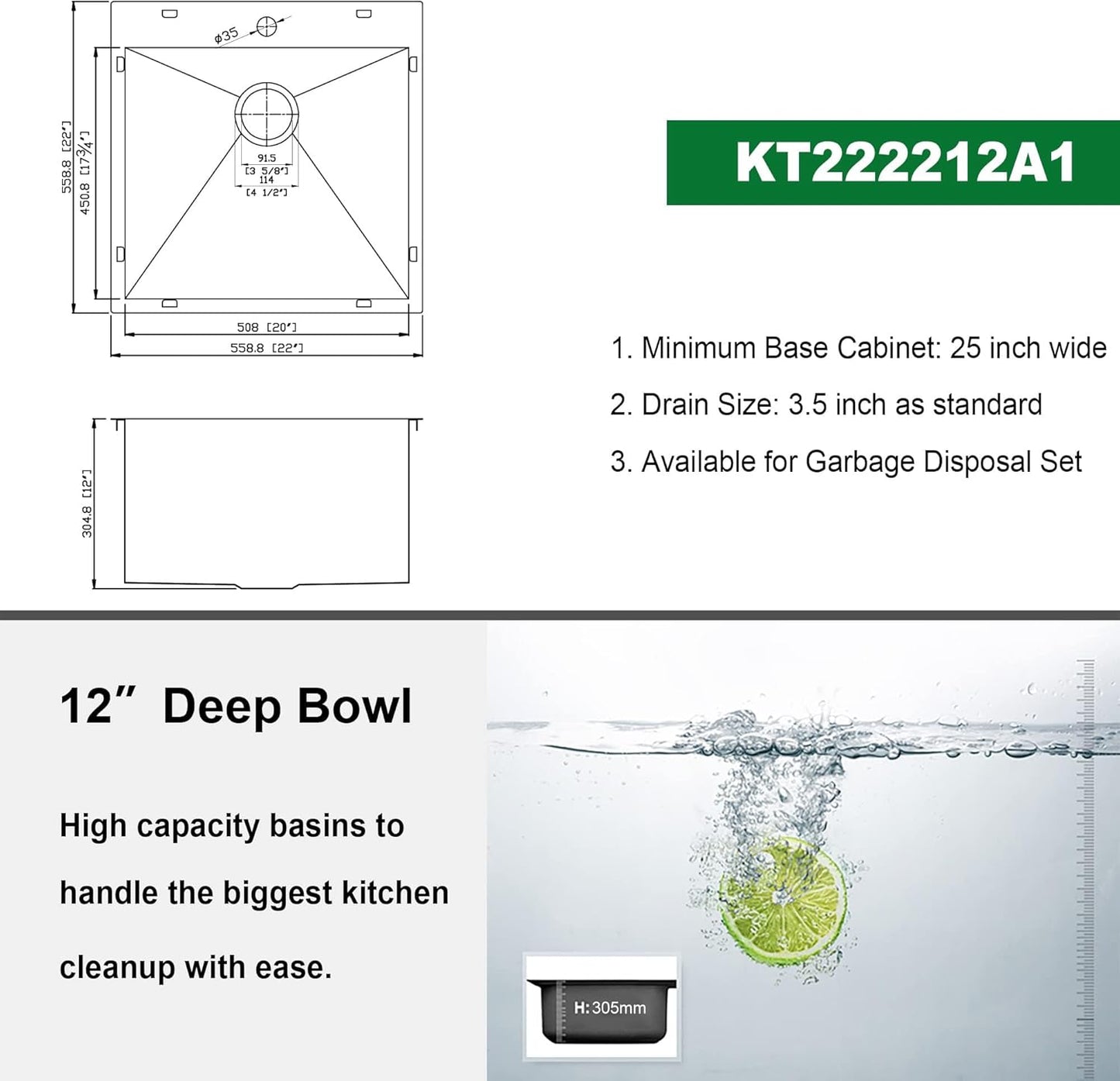 Kichae Drop In Laundry Sink - 22x22x12 Kitchen Sink Drop In 12 Inch Deep Sink T304 Stainless Steel Topmount Handmade Single Bowl RV Laundry Sink with Accessories