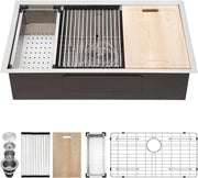 Kichae 33 Kitchen Sink Undermount - 33 x 19 Undermount Sink Ledge Workstation Stainless Steel 16 Gauge Single Bowl Undermount Sink Round Corner Handmade Kitchen Sink with Cutting Board Kichae USA
