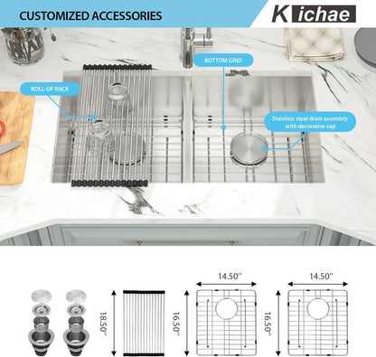 Kichae 33 Inch Undermount Kitchen Sink Double Bowl 50/50 Stainless Steel 18 Gauge Under Counter Kitchen Sink Handmade Basin with Drain Strainer