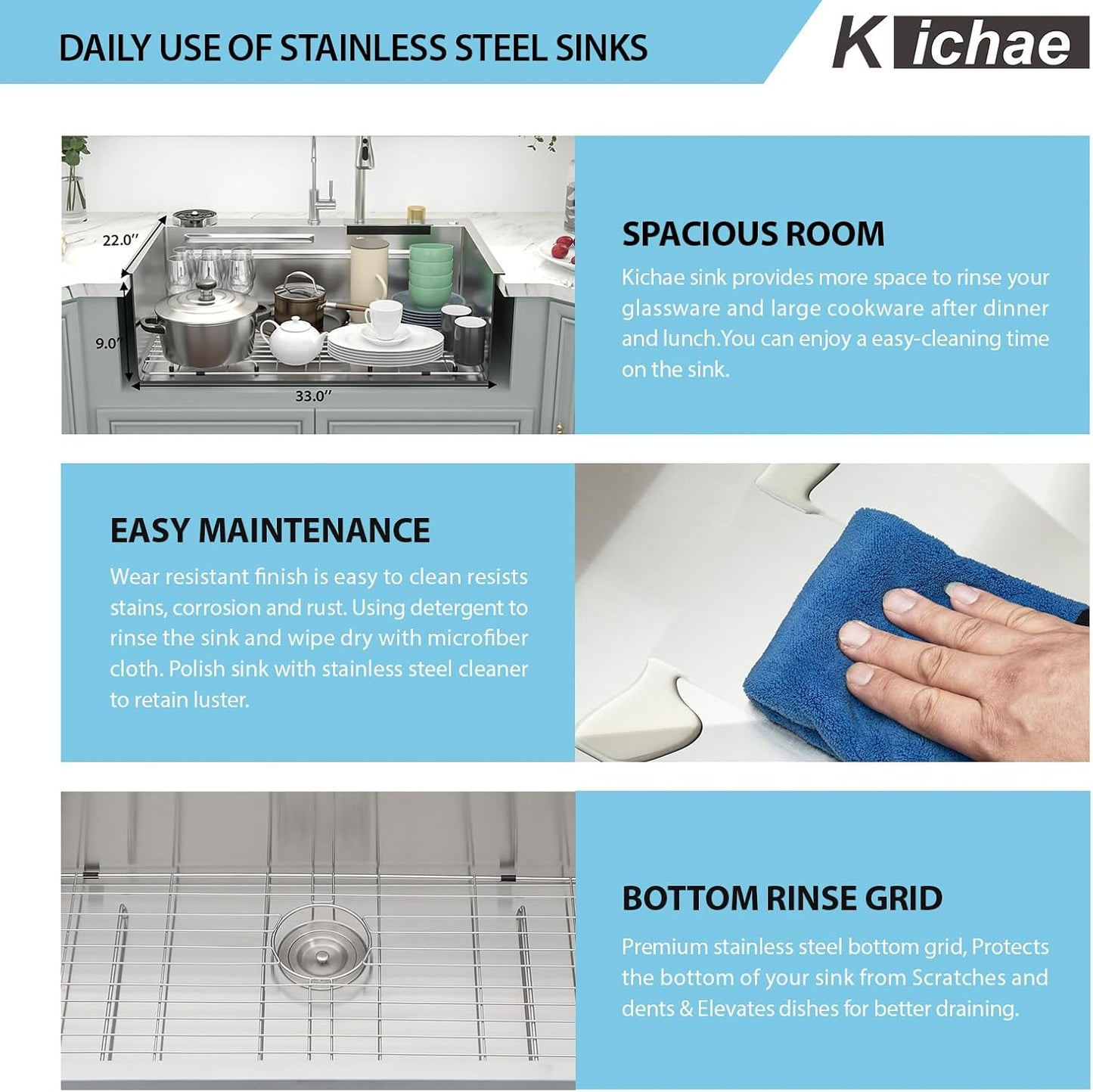 Kichae Waterfall Kitchen Sink Drop In - Kitchen Sink 33x22 Drop In Waterfall with Hot & Cold Water Stainless Steel 16 Gauge Handmade Single Bowl Workstation Sink with Faucet Combo & Glass Rinser