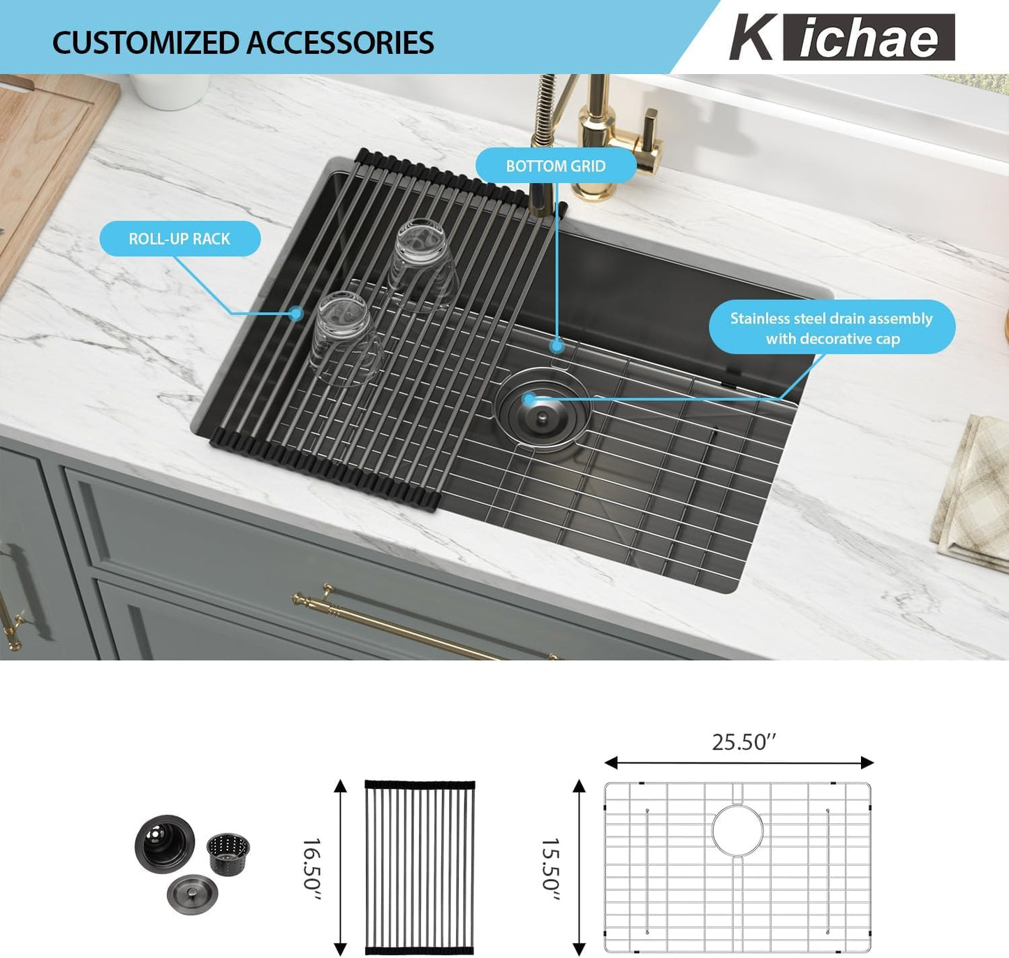 Kichae 27 Black Undermount Kitchen Sink - 27 x 18 Undermount Sink 16 Gauge Gunmetal Black Stainless Steel Deep Single Bowl Sink Handmade Basin Round Corner