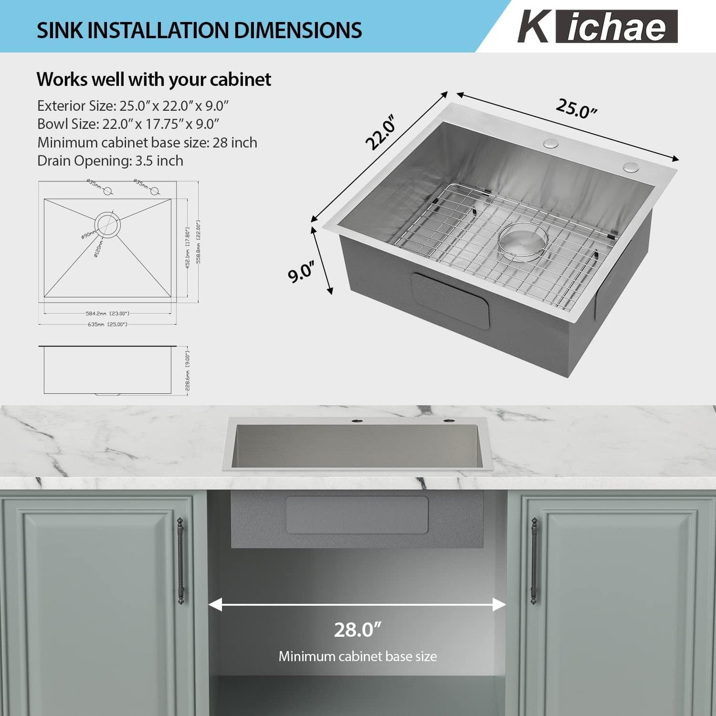 Kichae 25 Inch Drop In Kitchen Sink 25x22 Drop Sink Stainless Steel 18-Gauge Single Bowl Topmount Deep Basin Drop Kitchen Sinks Round Corner Handmade Sink