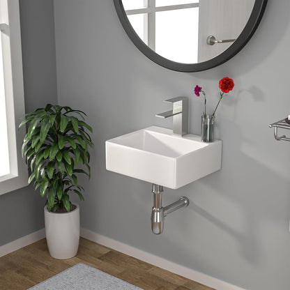 Kichae Wall Mount Hung Small Vessel Sink - Bathroom Corner Floating Sink Rectangle 13in  x 11in  Modern Bathroom White Porcelain Ceramic Vessel Vanity Sink with Faucet Hole