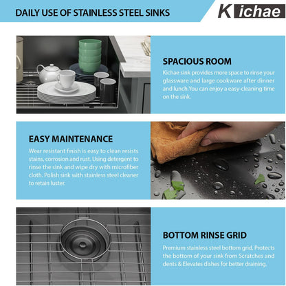 Kichae 33 Inch Drop in Double Bowl Kitchen Sink 18-Gauge Stainless Steel Topmount 50/50 Nano Gunmetal Black Handmade Sink with Accessories and Double Faucet Hole