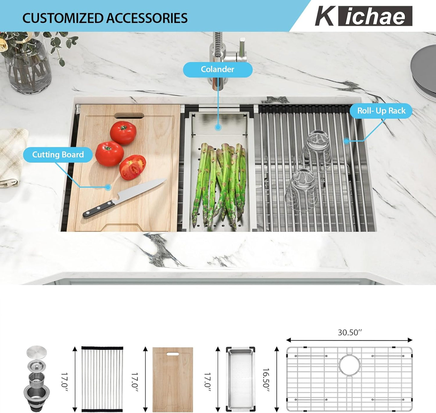 Kichae 30 Kitchen Sink Undermount - 30x18 Undermount Sink Ledge Workstation 16 Gauge Stainless Steel Deep Single Bowl Under Counter Kitchen Sink Handmade Basin