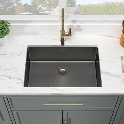 Kichae 27 Black Undermount Kitchen Sink - 27 x 18 Undermount Sink 16 Gauge Gunmetal Black Stainless Steel Deep Single Bowl Sink Handmade Basin Round Corner