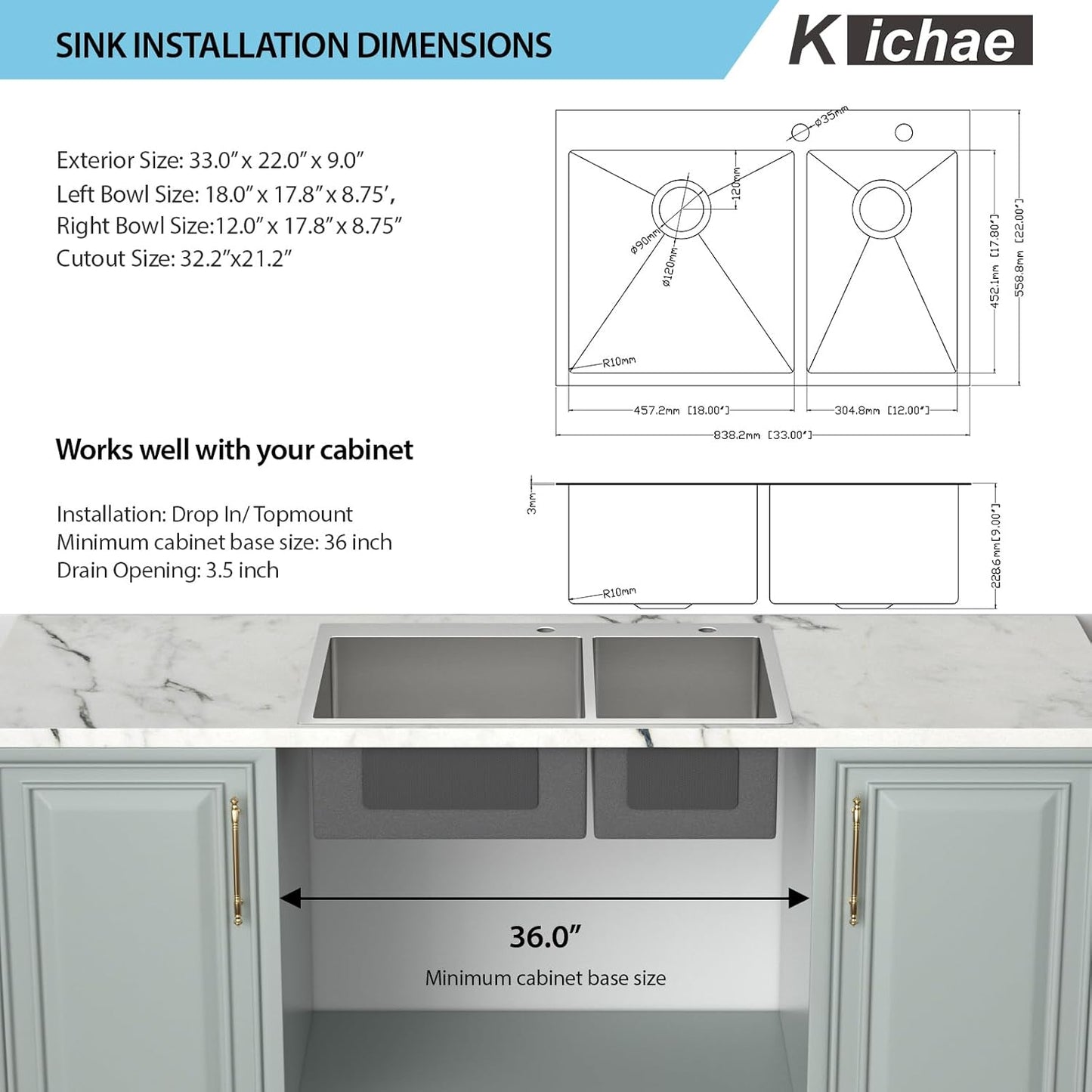 Kichae 33 Kitchen Sink Drop In - 33 Inch Double Bowl Kitchen Sink 60/40 Stainless Steel Drop In Top Mount Overmount Kitchen Sink Handmade Basin