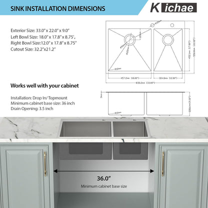 Kichae 33 Kitchen Sink Drop In - 33 Inch Double Bowl Kitchen Sink 60/40 Stainless Steel Drop In Top Mount Overmount Kitchen Sink Handmade Basin