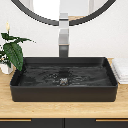 Kichae Black Vessel Sink Rectangle- 24in x16in  Modern Rectangular Top Counter Bathroom Sink Matte Black Porcelain Ceramic Lavatory Sink Bowl Art Basin