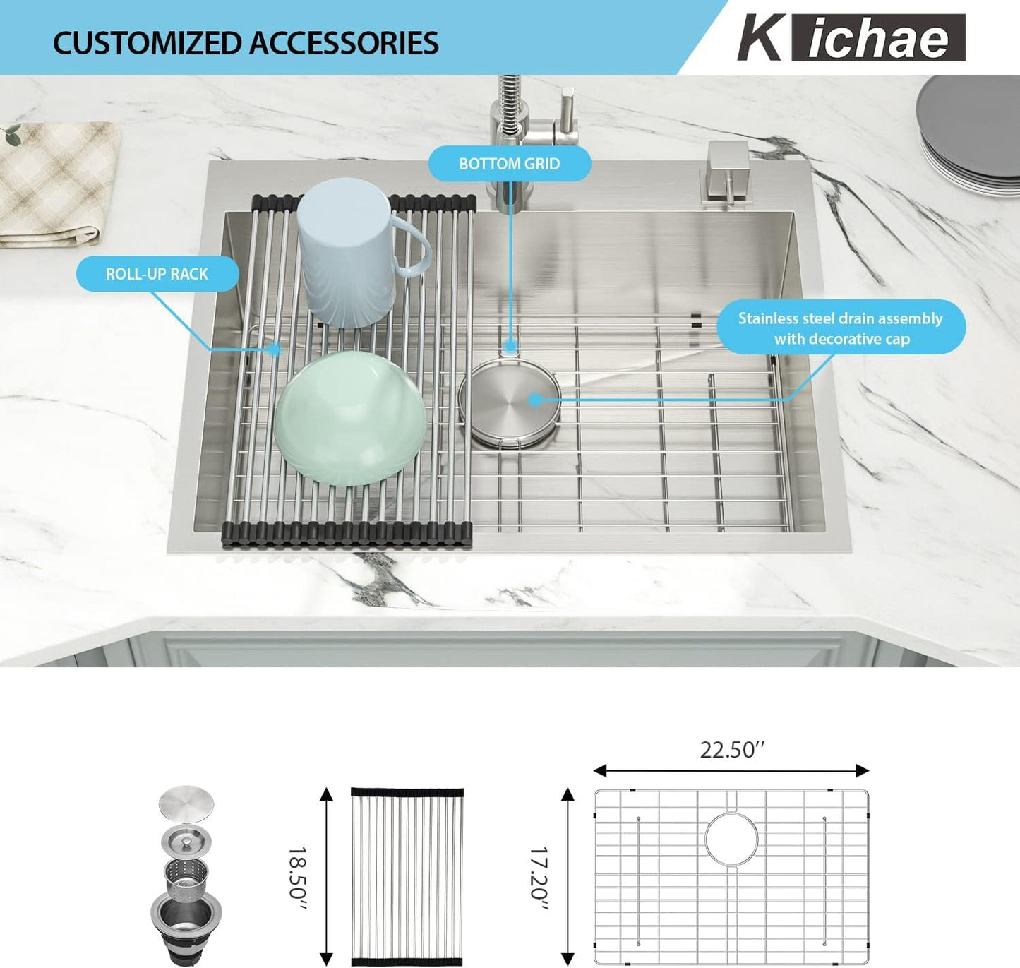 Kichae 25 Inch Drop In Kitchen Sink 25x22 Drop Sink Stainless Steel 18-Gauge Single Bowl Topmount Deep Basin Drop Kitchen Sinks Round Corner Handmade Sink