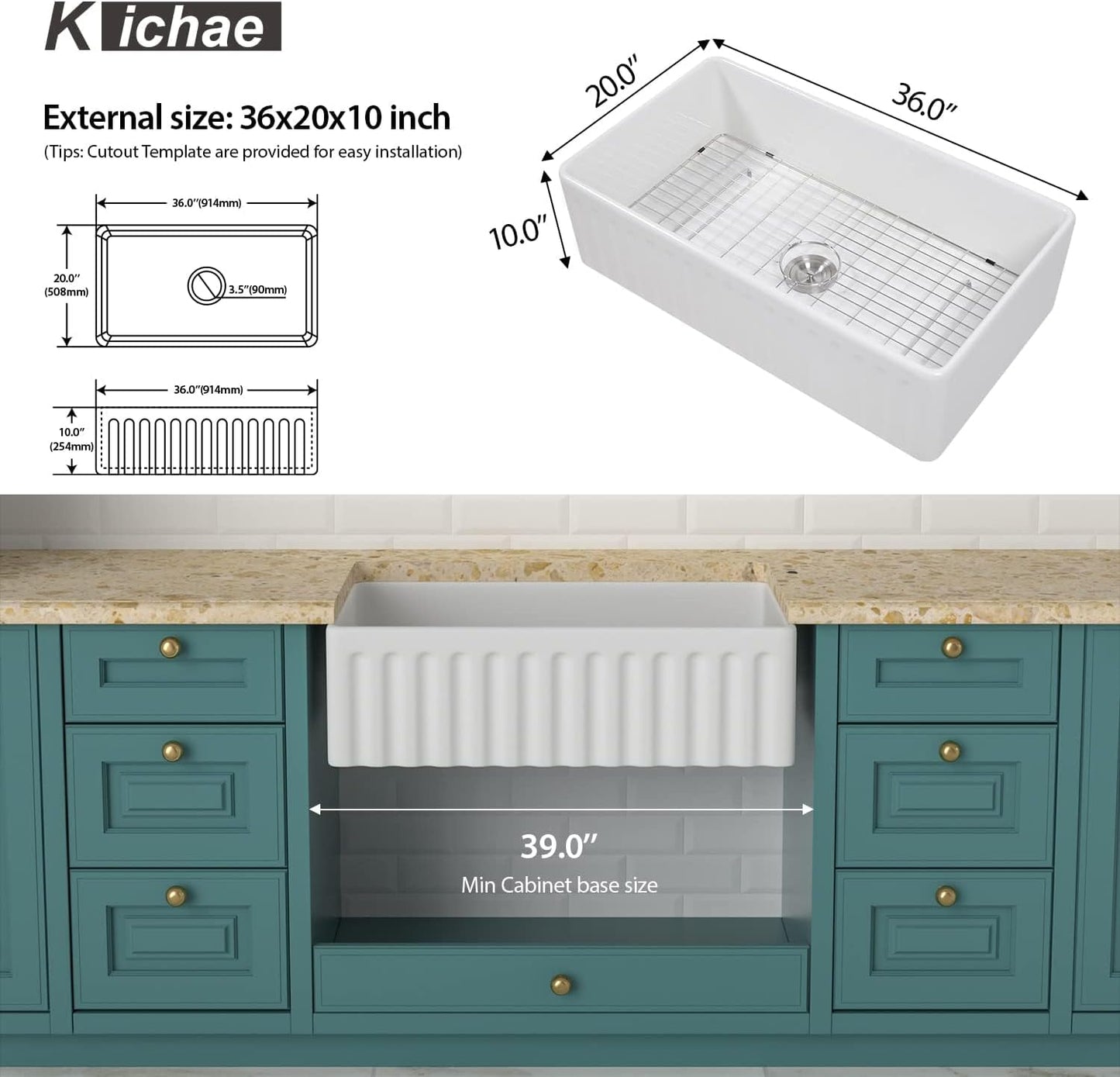 Kichae 36 Inch White Farmhouse Sink - 36in L x 20in W Farm Kitchen Sink Undermount Singe Bowl Reversible Apron Front Fireclay Ceramic Porcelain Farmer Style Kitchen Sink with Accessories