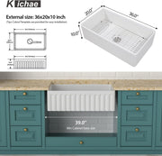 Kichae 36'' x 20'' White Reversible Fireclay Farmhouse Sink Flat & Fluted Apron Front Single Bowl Undermount Kitchen Sink with Accessories Kichae USA