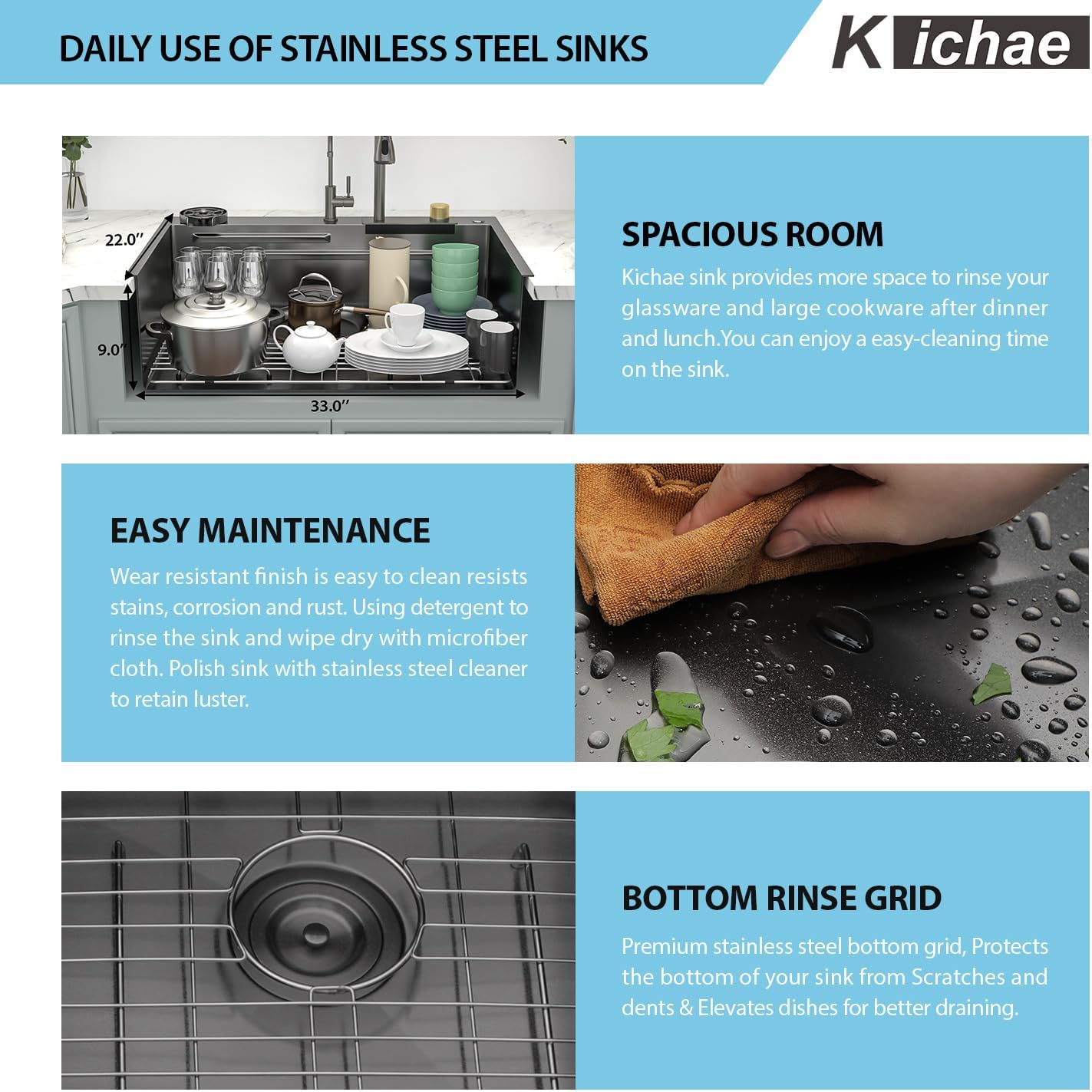 Kichae 33 Black Kitchen Sink Drop In Waterfall - 33x22 Drop Sink Stainless Steel 16G Single Bowl Waterfall Kitchen Sink Workstation Handmade with Faucet & Glass Rinser