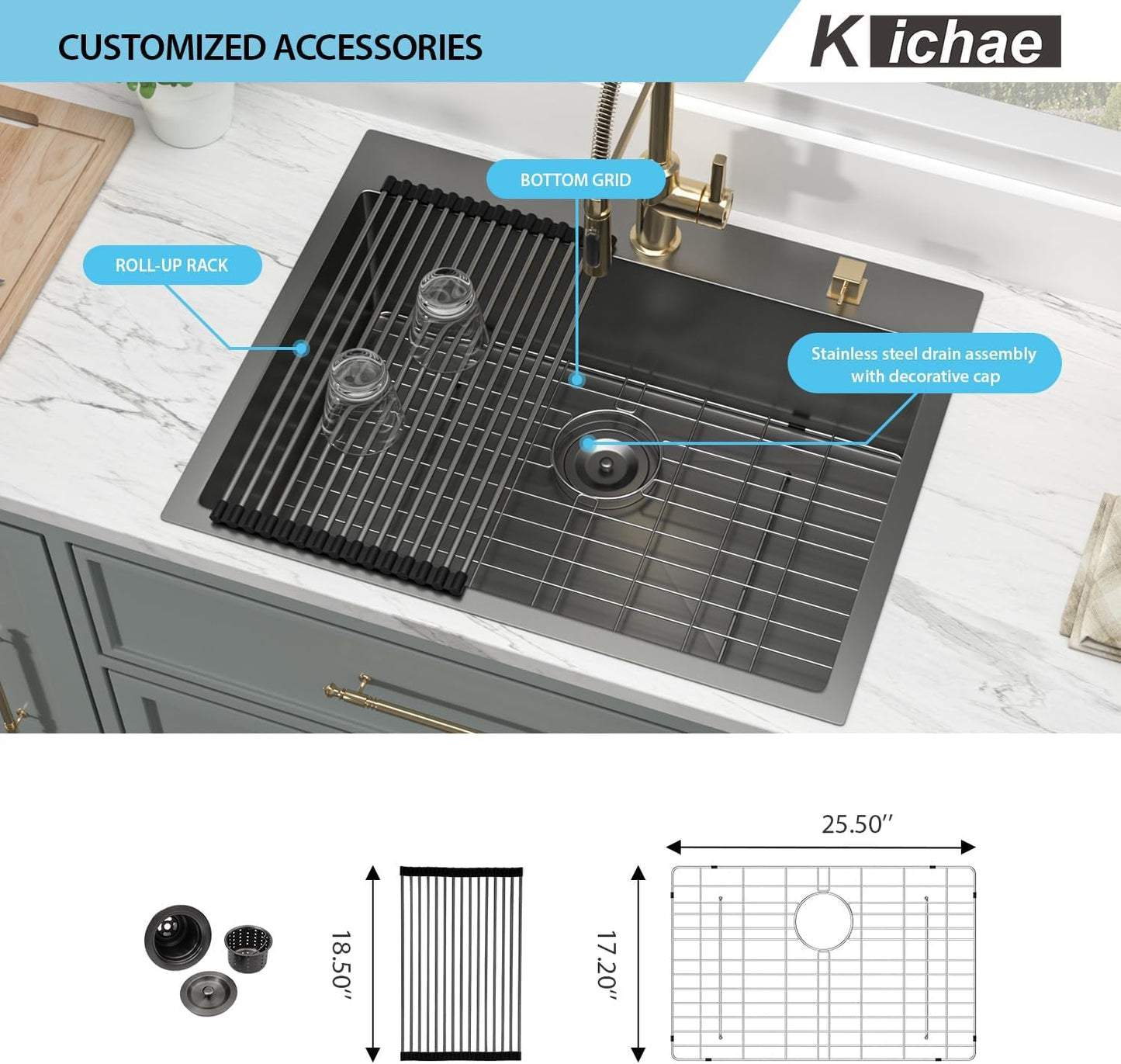 Kichae 28 Inch Black Kitchen Sink Drop In- 28x22 Gunmetal Black Stainless Steel Drop In Kitchen Sink Topmount 16 Gauge Deep Single Bowl Kitchen Sink Handmade Basin Round Corner