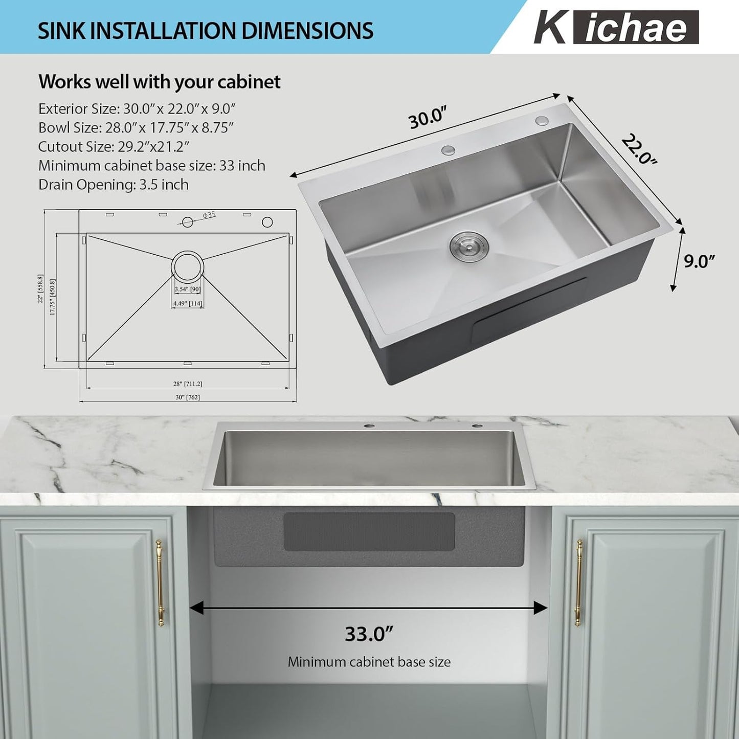 Kichae 30 Inch Drop In Kitchen Sink - Stainless Steel Kitchen Sinks 30x22x9 Inch Topmount Overmount Single Bowl Handmade Basin With Rack & Stainless Steel Sink Grid