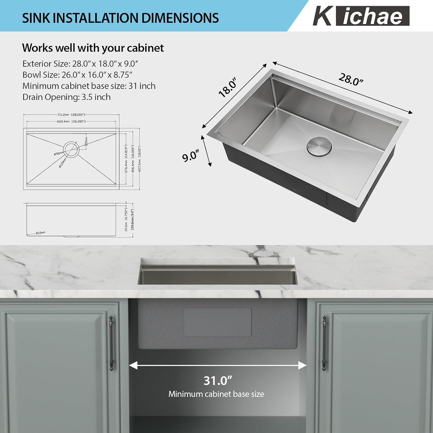 Kichae 28 Kitchen Sink Undermount Stainless Steel - 28x18 Inch Undermount Sink Ledge Workstation Stainless Steel Single Bowl Under Counter Kitchen Sinks Handmade Basin