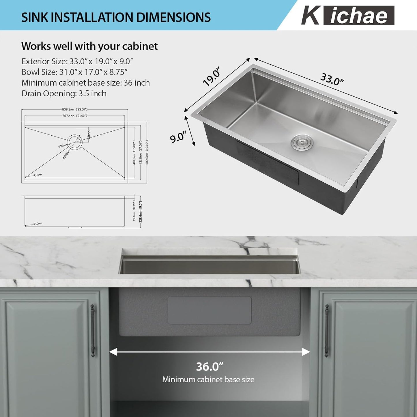 Kichae 33 Kitchen Sink Undermount - 33 x 19 Undermount Sink Ledge Workstation Stainless Steel 16 Gauge Single Bowl Undermount Sink Round Corner Handmade Kitchen Sink with Cutting Board