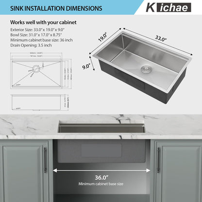 Kichae 33 Kitchen Sink Undermount - 33 x 19 Undermount Sink Ledge Workstation Stainless Steel 16 Gauge Single Bowl Undermount Sink Round Corner Handmade Kitchen Sink with Cutting Board