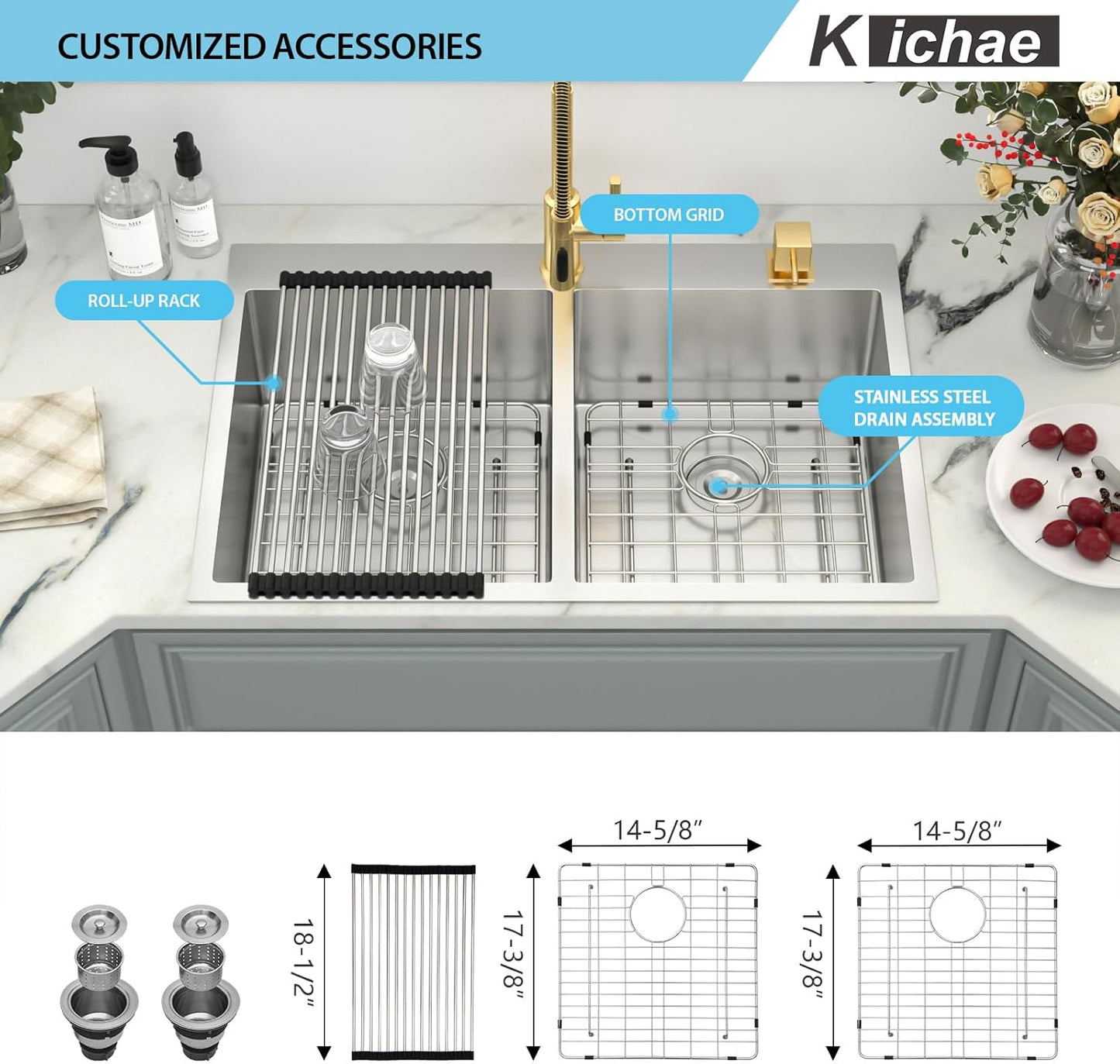 Kichae 33 Inch Drop in Kitchen Sink - 33in x22in  Topmount Sink 16 Gaugle Stainless Steel Double Bowl 50/50 Handmade Kitchen Sink