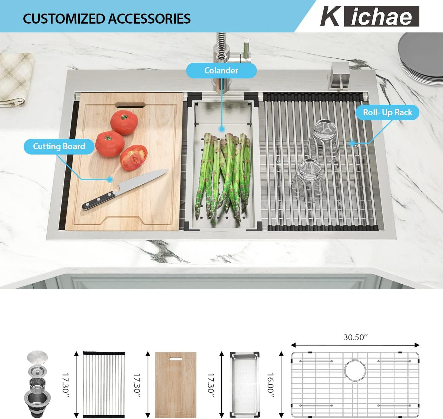 33 Kitchen Sink Drop In, Kichae 33 Inch Kitchen Sink Ledge Workstation Stainless Steel 16 Gauge Topmount Single Bowl Kitchen Sink with Accessories