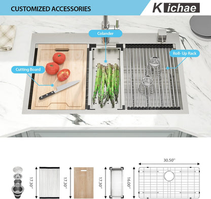 33 Kitchen Sink Drop In, Kichae 33 Inch Kitchen Sink Ledge Workstation Stainless Steel 16 Gauge Topmount Single Bowl Kitchen Sink with Accessories