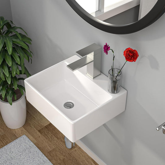 Kichae Wall Mount Hung Small Vessel Sink - Bathroom Corner Floating Sink Rectangle 13in  x 11in  Modern Bathroom White Porcelain Ceramic Vessel Vanity Sink with Faucet Hole