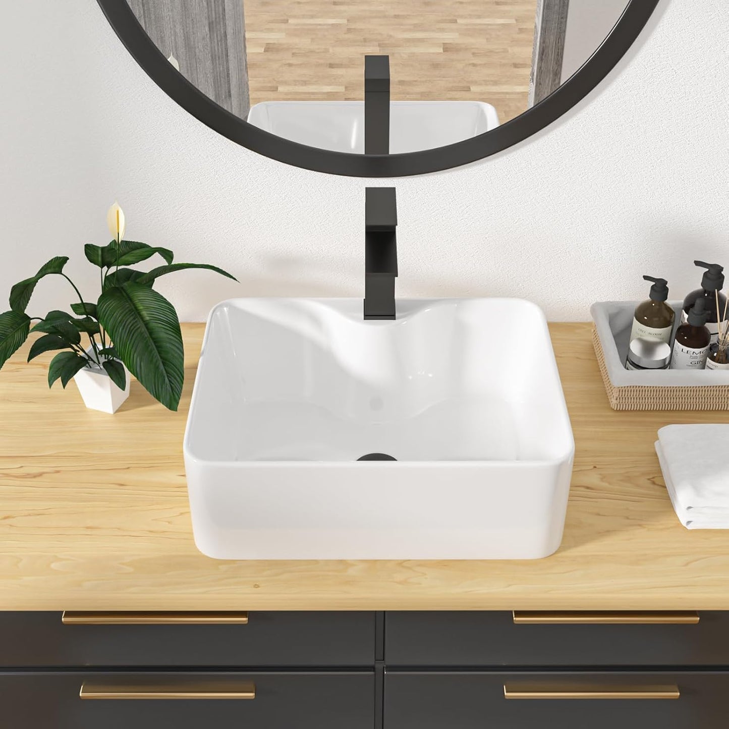 Kichae 16in x12in  Rectangle Bathroom Vessel Sink Porcelain Ceramic White Vanity Sink Above Counter Modern Sink with Faucet Hole for Lavatory, Hotel Art Basin, Home Washing Basin