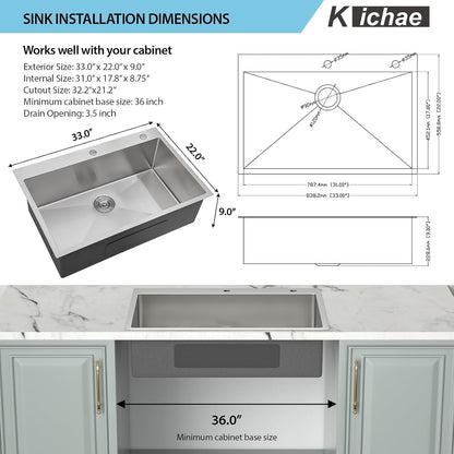 Kichae 33 Drop In Kitchen Sink - 33x22 Kitchen Sink Drop in Topmount Single Bowl 16-Gauge Stainless Steel Drop Sinks Round Corner Basin With Rack & Stainless Steel Sink Grid