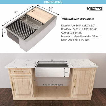 Kichae 36 Inch Farmhouse Kitchen Sink Ledge Workstation Apron Front Sink Farmer Sink Stainless Steel Single Bowl Handmade Modern Farm Style Sink with Accessories