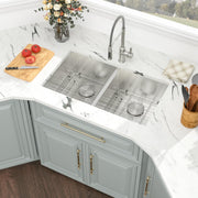 Kichae 33 Inch Undermount Kitchen Sink Double Bowl 50/50 Stainless Steel 18 Gauge Under Counter Kitchen Sink Handmade Basin with Drain Strainer Kichae USA