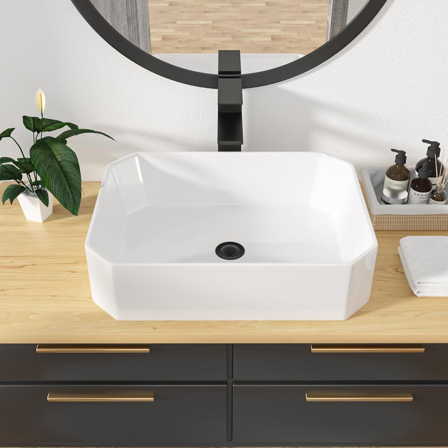 Kichae 19in x14in  Rectangle Bathroom Vessel Sink Porcelain Ceramic White Vanity Sink Above Counter Modern Sink for Cabinet, Lavatory, Hotel Art Basin, Home Washing Basin