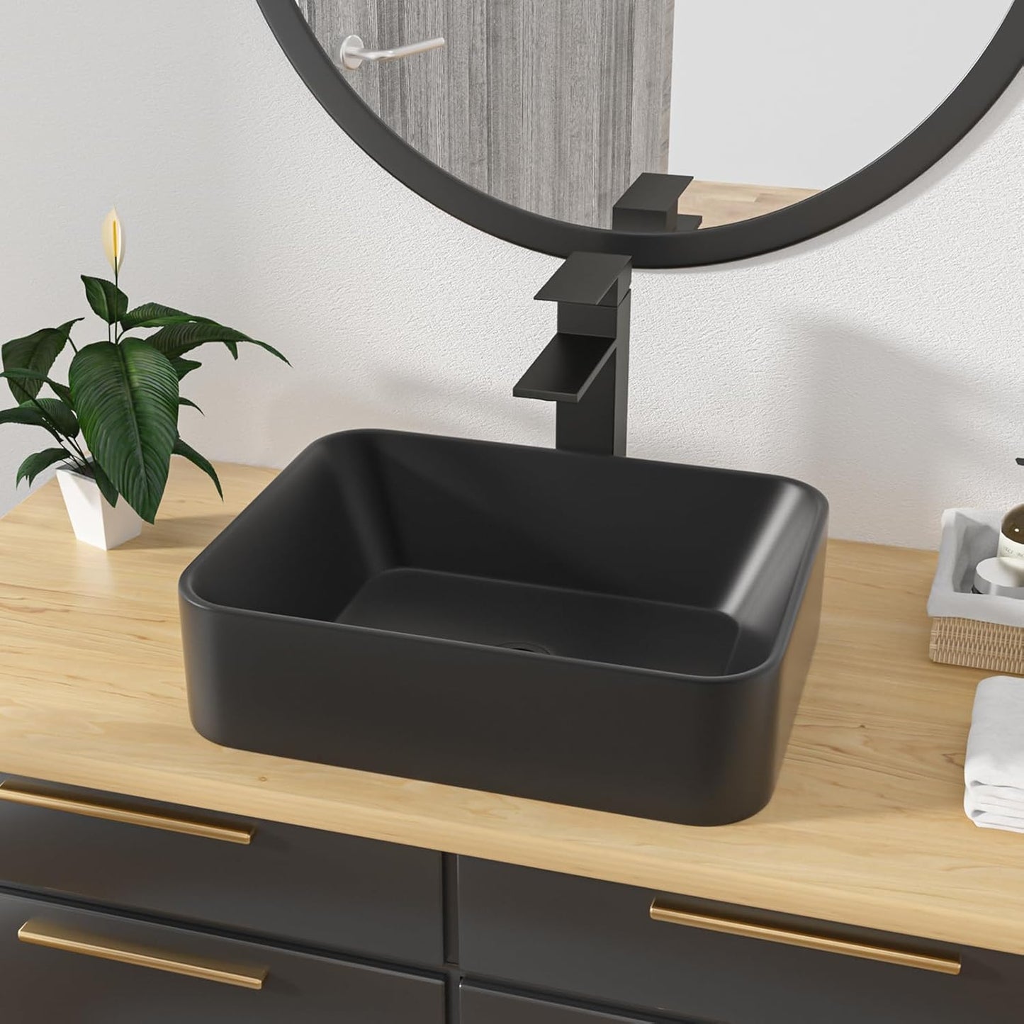 Kichae Vessel Sink Rectangular - 19in x15in  Modern Bathroom Rectangle Above Matte Black Porcelain Ceramic Vessel Vanity Sink Art Basin