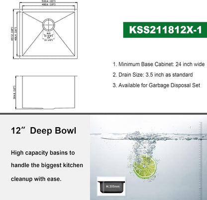 Kichae 21 Laundry Sink Undermount - 21x18 Inch Laundry Sink Undermount Utility Sink Stainless Steel 12in  Deep Single Bowl Under Counter Laundry Utility Room Handmade Kitchen Sink Basin