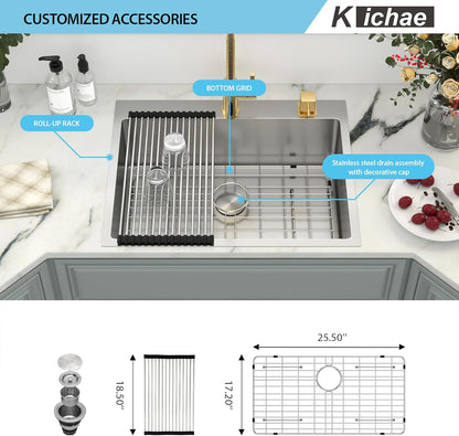 Kichae 28 Drop in Kitchen Sink - 28x22 Inch Kitchen Sink Drop in 18 Gauge Stainless Steel Single Bowl Handmade Topmount Kitchen Sink Basin with Drain Strainer