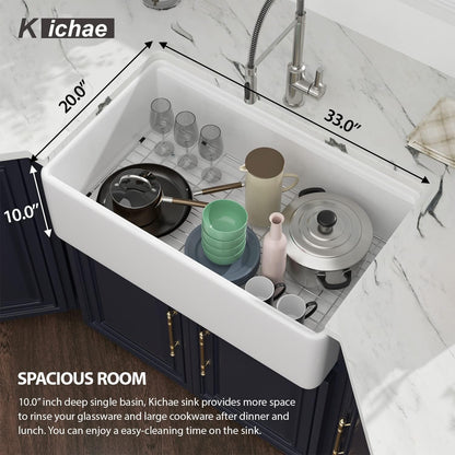 Kichae 33 Inch White Farmhouse Sink Workstation Apron Front Sink Farm Kitchen Sink with Slide Ledge Fireclay Ceramic Porcelain Single Bowl Farmer Kitchen Sink Basin with Accessories