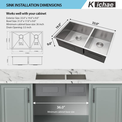 Kichae Double Bowl Kitchen Sink Undermount 33 Inch Stainless Steel Sink 60/40 Double Basin 33x19 Inch Kitchen Sink 18 Gaugle Undermount Kitchen Sink Basin