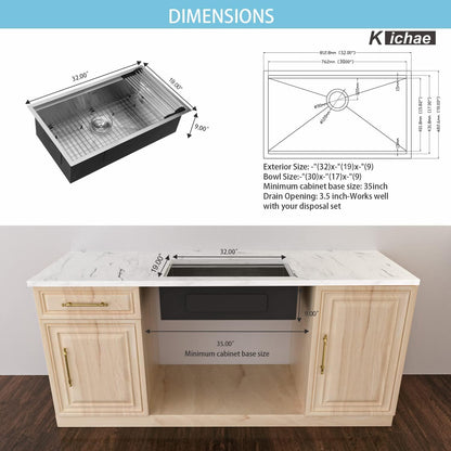 32 Kitchen Sink Undermount Workstation - Kichae 32x19 Undermount Kitchen Sinks Ledge Workstation 16-Gauge Stainless Steel Deep Single Bowl Under Counter Kitchen Sink Handmade Basin