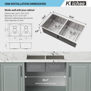 Kichae 33 Inch Undermount Kitchen Sink Double Bowl 50/50 Stainless Steel 18 Gauge Under Counter Kitchen Sink Handmade Basin with Drain Strainer Kichae USA