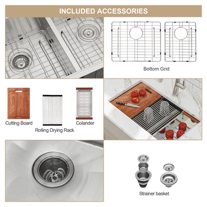 Kichae 33 Inch Undermount Kitchen Sink Workstation Double Bowl 60/40 Sink Low Divide 16-Gauge Stainless Steel Kitchen Sink with Cutting Board and Colander