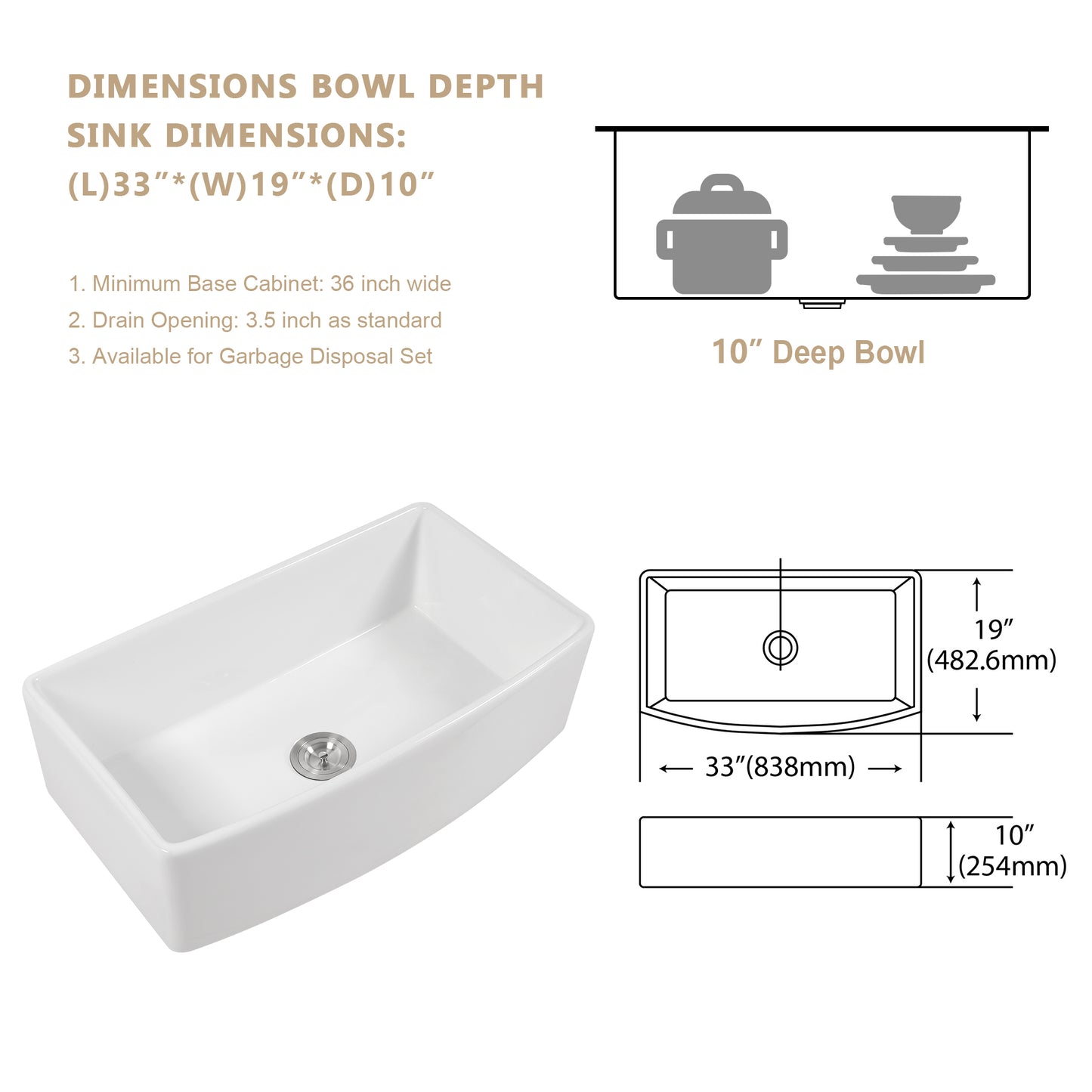 Kichae 33" x 19" White Fireclay Farmhouse Kitchen Sink Apron Front Single Bowl Sink