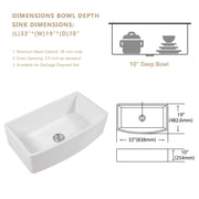 Kichae 33'' x 19'' White Fireclay Farmhouse Kitchen Sink Apron Front Single Bowl Sink Kichae USA