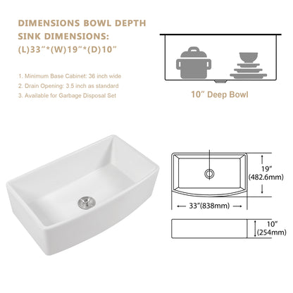 Kichae 33" x 19" White Fireclay Farmhouse Kitchen Sink Apron Front Single Bowl Sink