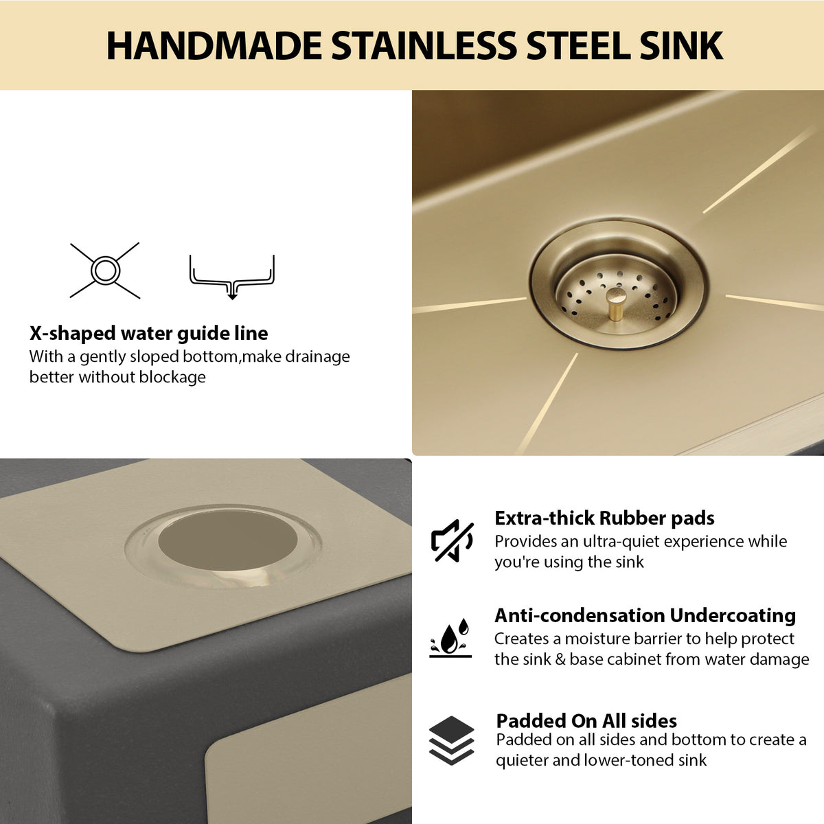 Kichae 36 Inch Gold Undermount Workstation Kitchen Sink 16 Gauge T304 Stainless Steel