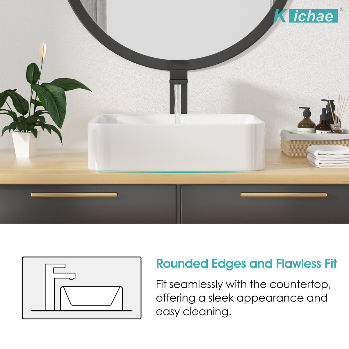 Kichae 19x15 Inch White Ceramic Rectangular Vessel Bathroom Sink Above Counter Vanity Basin