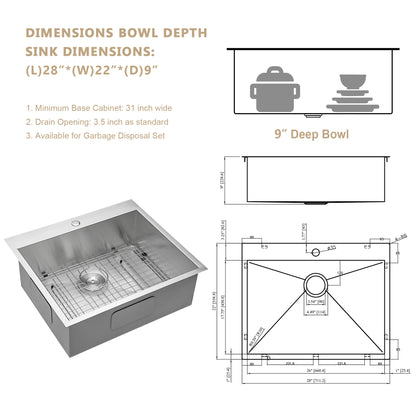 Kichae 28 Inch Drop In Sink - Stainless Steel Topmount Single Bowl Kitchen Sink