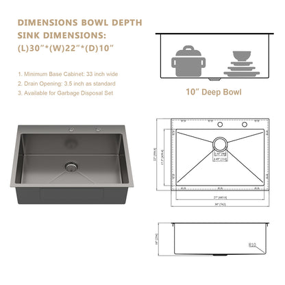 Kichae 30 Inch Gunmetal Black Drop In Workstation Kitchen Sink 16 Gauge Stainless Steel 30x22 Single Bowl Sink with Pull Out Faucet & Accessories