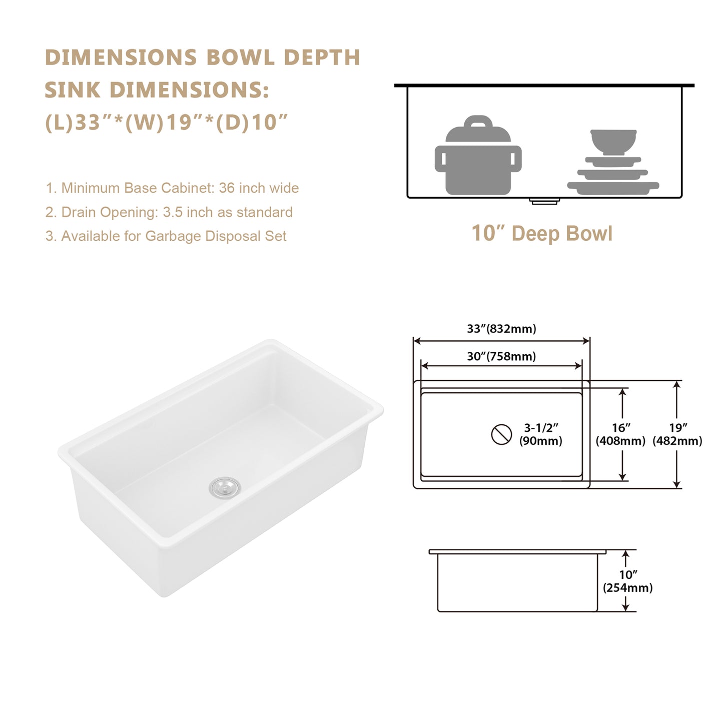Kichae 33" x 19" White Fireclay Undermount Workstation Kitchen Sink Single Bowl Sink with Full Accessories