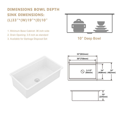 Kichae 33" x 19" White Fireclay Undermount Workstation Kitchen Sink Single Bowl Sink with Full Accessories