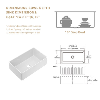 Kichae 33'' x 18'' Reversible White Fireclay Farmhouse Kitchen Sink, Single Bowl Apron Front Sink with Basin Rack & Drain Assembly