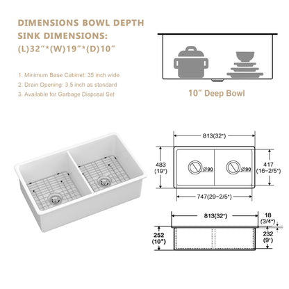 Kichae 32 Inch White Fireclay Dual Mount Kitchen Sink 50/50 Double Bowl Basin